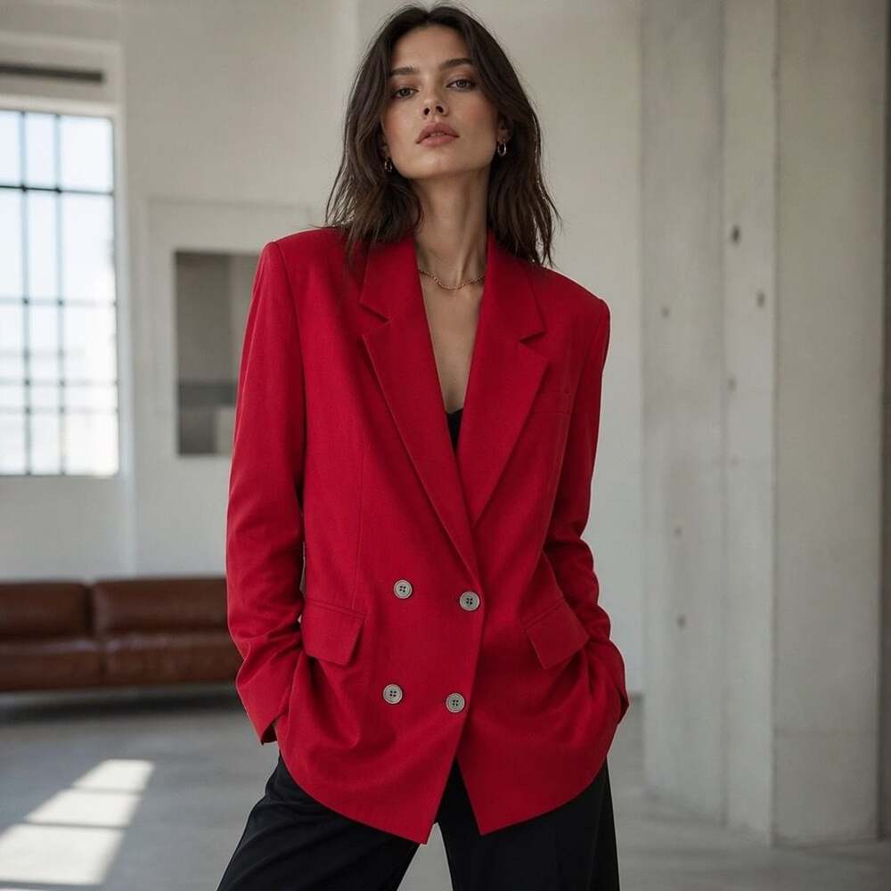 Anne Klein II Red Silk Double Breasted Blazer Jacket Size 10